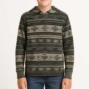 Lucky Brand NEW Aztec Print Knit Hoodie Pullover Green Gray Tribal Pattern M